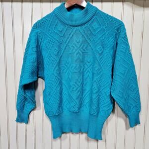 Vintage Demetre Women's Teal Knit Sweater Size M 100% Virgin Wool Mock Neck